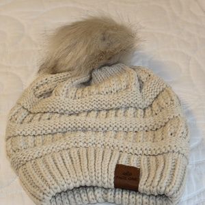 Women's Adult Tan Beanie Faux Fur Pom Pom